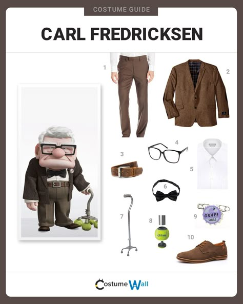 Senior Citizen and protagonist in the Disney movie Up, Carl Fredricksen is a lovable grouch and a worthy cosplay choice. Disfraz Up, Carl Costume, Costume Wall, Disney Movie Up, Characters Cosplay, Carl Fredricksen, Disney Characters Costumes