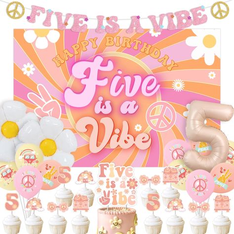 Five Year Old Girl Birthday Party Theme, Groovy 5th Birthday Party, Five Is A Vibe Birthday Cake, Girls 5th Birthday Party Ideas, 5 Is A Vibe Birthday Party, 5th Birthday Ideas For Girls Themes, Vibe Birthday Party, Five Is A Vibe, Groovy Party