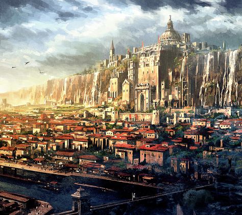 castle over city Sztuka Science Fiction, City In The Sky, Anime City, Fantasy City, Fantasy Castle, Fantasy Setting, Fantasy Places, Art Et Illustration, Landscape Scenery