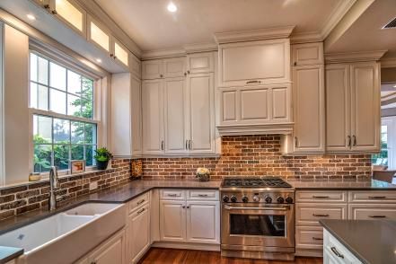 100+ Gorgeous Kitchen Backsplash Ideas | Unique Backsplashes for the Kitchen | HGTV White Cabinets Brick Backsplash Kitchen, Rustic Kitchen Black Countertops, Cottage Backsplash Ideas, Gray Countertops, Brick Kitchen Backsplash, Brick Backsplash Kitchen, Hgtv Kitchens, Louisiana Kitchen, Pictures Tips