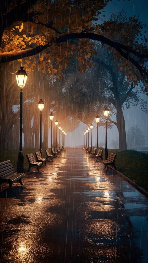 Park Lighting Landscape, Beautiful Rainy Day Pictures, Autumn Cozy Rainy Days, Rainy Backgrounds, Cozy Rainy Day Aesthetic, Silent Photography, Surroundings Art, Dark Rainy Night, Rainy Night Aesthetic