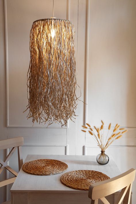 "Hanging paper raffia fringe lampshade will bring in a room warm, airy and beautiful textures. Great for living room, bedroom, dining room, also for kids room or nursery. 🤍 HOW ITS MADE: Hanging lampshade is made of natural paper raffia. Available in brown, white, black and cement (concrete). Please see colors in a listing pictures. Paper raffia is dyed in a environmentally friendly way with OEKO TEX certified dyes. Knotted in a smoke free \"Design de DIURA\" studio. 🤍 DIMENSIONS: 2 sizes avai Lamp Shade Natural, Fringe Lighting, Raffia Lamp, Fringe Lampshade, Raffia Lampshade, Fringe Lamp, Hanging Lampshade, Bali Decor, Diy Luminaire