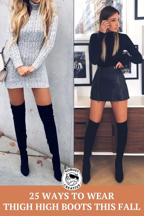 Here are some ideas for the fall outfit. The days are shorter, the temperature gets down, and oftentimes function gets prioritized over fashion. However, a cute pair of thigh-high boots can change all of that, making even the simplest of outfits look trendy! Knit Sweater Dresses If you’re not feeling tights with your sweater dress then don’t freight, because thigh-high boots can solve that. Nothing dresses up a sweater dress more than some cute thigh highs Get The Look:    A Leather Skirt Leath High Boots Outfit Fall, Black Thigh High Boots Outfit, How To Wear Thigh High Boots, Heels Boots Outfit, Thigh High Boots Outfit, Over The Knee Boot Outfit, Fall Boots Outfit, Winter Boots Outfits, Knee Boots Outfit