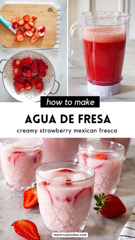 collage of agua de fresa and agua de fresa con leche with text overlay Strawberry Agua Fresca Recipe, Aqua Fresca Recipes, Strawberry Agua Fresca, Fresca Drinks, Strawberry Drink Recipes, Agua Fresca Recipe, Fresh Strawberry Recipes, Strawberry Drinks, Mexican Drinks