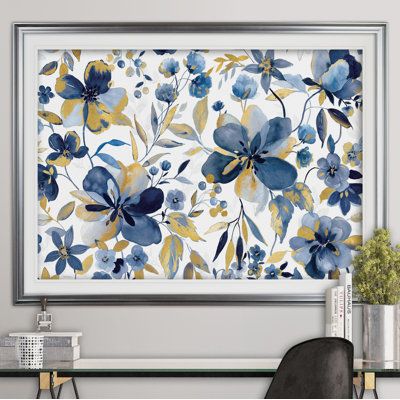 This engaging wall art brings an element of botanical style to your living room, bedroom, or home office. Entitled “Golden Indigo Garden,” this rectangular oil painting is made in the USA and printed on fire-resistant wrapped canvas. It features an array of flowers and leafy stems, all rendered in shades of yellow and blue on a white background. We love that this piece can be hung horizontally or vertically, so you can find just the right place for it in your modern or bohemian home. Format: Sil Gold Living Room, French Rococo, Garden Print, Blue Wall Art, Canvas Paper, Yellow And Blue, Painted Pumpkins, Blue Walls, Bohemian Home