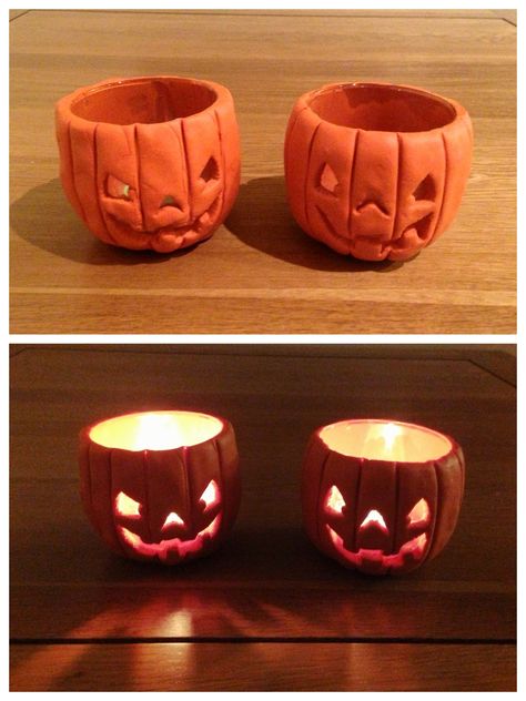 I had loads of old glasses hanging around from used candles, and decided to make them into a Halloween themed tea light holders. I wrapped them in some orange Fimo oven bake clay, and carved faces and pumpkin style grooves to turn them into these Jack-o-lanterns! Clay Pumpkin Tea Light Diy, Pumpkin Tea Light Holder, Halloween Jar Crafts, Spooky Clay Projects, Fall Clay Crafts, Clay Pumpkin Diy, Oven Baked Clay Projects, Clay Crafts Halloween, Halloween Clay Crafts