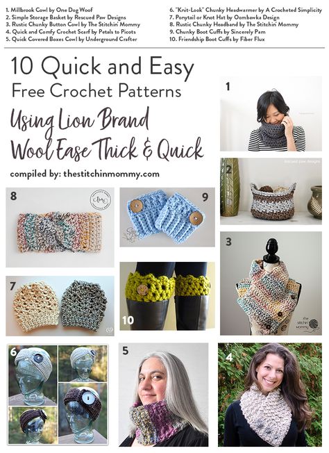 10 Quick and Easy Free Crochet Patterns Using Lion Brand Wool Ease Thick and Quick - The Stitchin Mommy Easy Free Crochet Patterns, Wool Ease Thick And Quick, Chunky Yarn Crochet Pattern, Bulky Yarn Crochet, Crochet Mens Scarf, Crochet Cowl Free Pattern, Quick Projects, Lion Brand Wool Ease, Quick Crochet Patterns