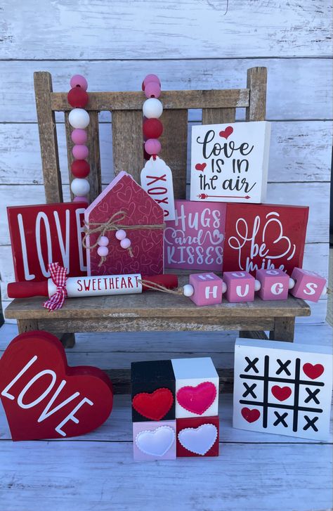 Office Valentines, Valentine Wood Crafts, Yard Dice, Farmhouse Tiered Tray Decor, Summertime Crafts, Farmhouse Tiered Tray, Easy Valentine Crafts, Diy Valentine's Day Decorations, Valentine Craft