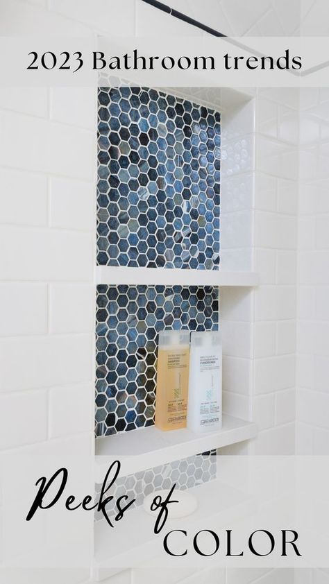 This year, color, texture, shapes, and fixtures are among the top bathroom trends the Normandy Designers are excited about. Here’s what you can expect to see among the 2023 bathroom trends... Shower Inserts For Shampoo, New Trends In Bathrooms, Blue And White Bathroom Floor Tiles, Blue And White Bathroom Tile Ideas, Blue Pebble Shower Floor, Small Bathroom Ideas Blue Tile, Navy And White Tile Bathroom, Bathroom With Blue Shower Tile, Accent Tiles In Bathroom