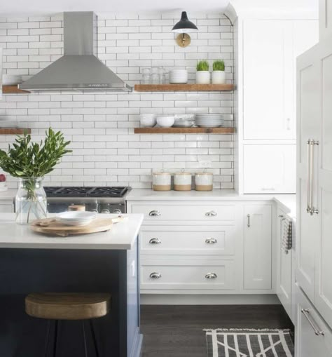 Kitchen With Open Shelving, Kitchen Floating Shelves, Galley Kitchen Remodel, Floating Shelves Kitchen, White Kitchen Remodeling, Kitchen Open, Kitchen Glass, Open Kitchen Shelves, White Kitchen Design