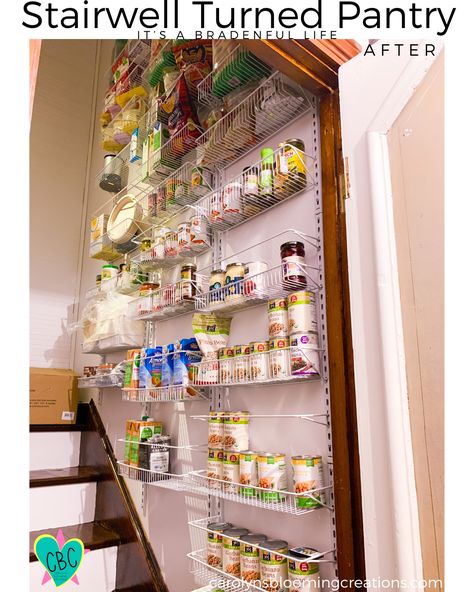 All designs and creations by Tommy and Carolyn Braden  FULL PROJECT: CLICK THE LINK OR PHOTO! #pantry #kitchenorganization #pantry #farmhousedecor #storageideas Pin me! carolynsbloomingcreations.com Basement Staircase Storage, Stairway Pantry Storage Ideas, Stairwell Pantry Ideas, Basement Stairway Storage, Pantry In Stairwell, Top Of Basement Stairs Storage, Basement Stairwell Storage, Pantry Above Basement Stairs, Basement Pantry Storage