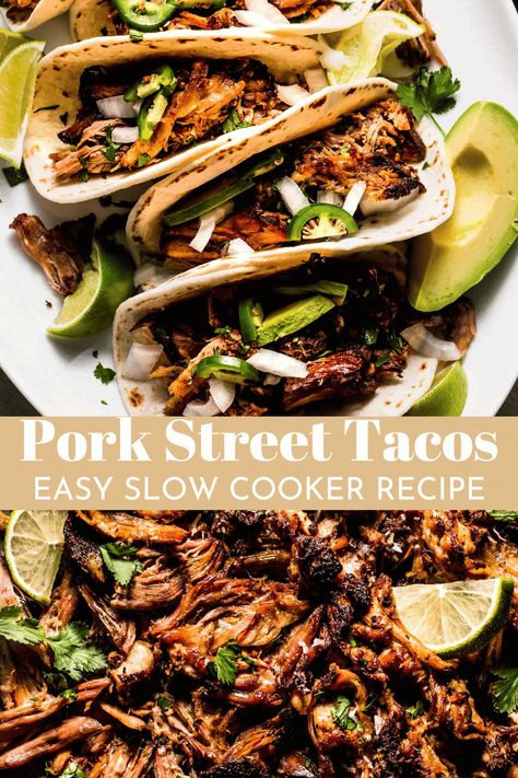 These Pork Street Tacos are easy to make at home with your slow cooker. Popping the carnitas under the broiler ensures a crispy texture! // recipe Pork Street Tacos Slow Cooker, Street Tacos Easy, Pork Street Tacos, Pork Tacos Crockpot, Mexican Pork Recipes, Slow Cooker Pork Shoulder, Slow Cooker Pork Tacos, Pork Rib Roast, Pork Sirloin Roast