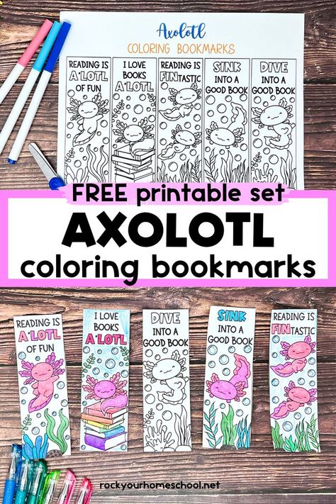 Page of free printable axolotl coloring bookmarks and examples with gel pens. Color Bookmarks Printable Free, Color In Bookmarks, Diy Axolotl Crafts, Making Bookmarks Ideas, Axolotl Crafts For Kids, Bookmark Template Free Printables, Axolotl Printable, Axolotl Bookmark, Free Bookmarks Printables