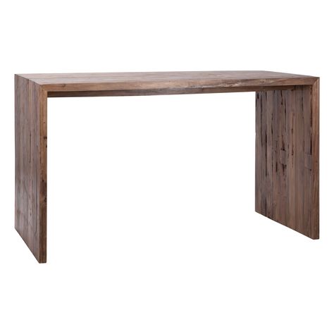 The simple construction of this 60-inch long counter height dining table highlights the natural beauty of the reclaimed teak wood, where the visible grain gives the design a warm, inviting feel. Counter High Dining Table Dining Room, Counter High Dining Table, Simulator Room, Waterfall Counter, Waterfall Table, Dining Counter, Bar Height Dining Table, High Dining Table, Dovetail Furniture