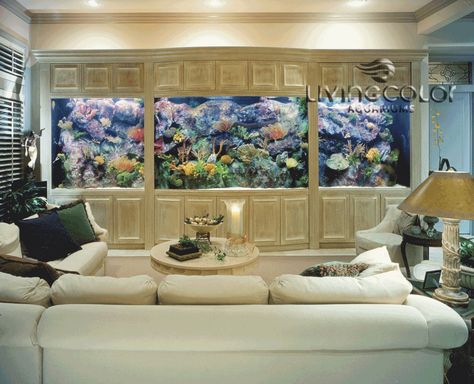 I would have the 70" TV come out of the ceiling or cabinet Unique Aquariums, Fish Room, Coral Aquarium, Aquarium Pictures, Saltwater Aquariums, Wall Aquarium, Custom Aquarium, Amazing Aquariums, Cool Fish Tanks