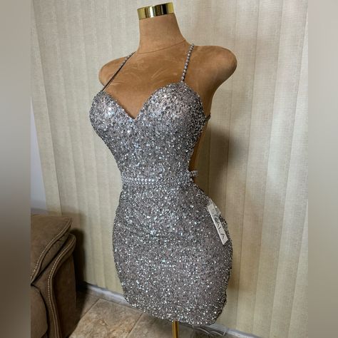 Beautiful And Sexy Cocktail Dress, New, Size 8 2 Piece Hoco Dresses Tight, Silver Dresses Elegant Short, Silver Hoco Dresses, Dresses Elegant Short, Unique Hoco Dresses, Short Sparkly Dresses, Cute Party Dresses, Glass Dress, 16th Birthday Outfit