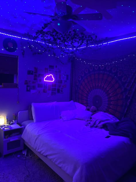 my bed area hehe Bedroom Ideas, Led Lights, Neon, Led, Bedroom, Bed, Purple, Wall, Design