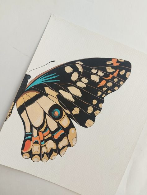 Realistic Butterfly Painting, Half Butterfly Painting On Canvas, Trippy Butterfly Painting, Half Butterfly Painting, Half Butterfly Drawing, Gouache Butterfly, Gouache Painting Ideas For Beginners, Gauche Art, Butterfly Painting Easy