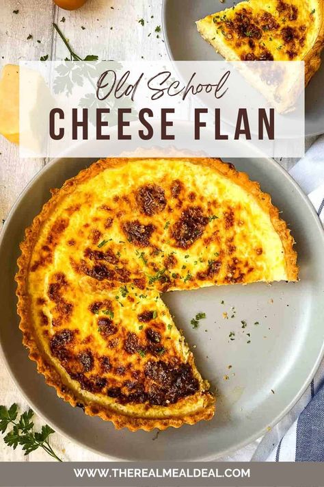 An nostalgic old school Cheese Flan recipe with a delicious cheesy pie crust base and milk and egg filling. Old School Dinner Recipes, British School Dinner Recipes, School Cheese Pie Recipe, Cheese Flan Recipe School, Cheese And Onion Flan, Savory Flan Recipe, Savory Flan, Quiche Egg To Milk Ratio, Traditional Flan Recipe