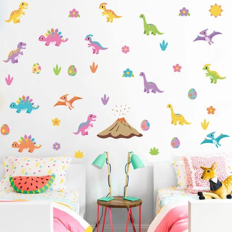 PRICES MAY VARY. 🦕 COLORFUL WALL DECALS FOR KIDS - This set of cute cartoon dinosaurs wall stickers will liven up your kid’s bedroom, baby nursery or playroom, girls room, daycare, preschool classroom, adding a unique, eye catching design that can do something amazing with your walls. 🦖 WHAT'S IN PACKAGE: includes 2 sheets colorful cute dinosaurs decals, includes kinds of baby dinosaurs, dinosaur eggs, sun and flowers wall stickers. The size of the dinosaur decals are about 4" to 7". Perfect w Rainbow Dinosaur Room, Girl Dinosaur Room, Girls Dinosaur Room, Daycare Wall Decor, Girl Dinosaur Nursery, Dinosaur Theme Room, Baby Girls Bedroom, Wall Decor Flowers, Dinosaur Decals