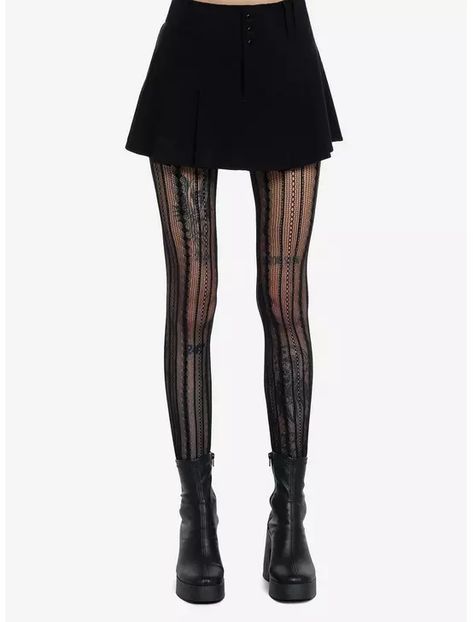 Vintage Pinstripe Net Tights, Fall Grunge Aesthetic, Minimalist Goth Fashion, Black Skirt And Tights, Vampy Outfit, Sporty Goth, Statement Tights, Unique Tights, Goth Bottoms, Goth Tights