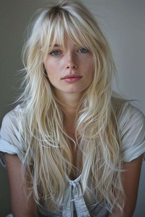 4th Of July Hairstyles, July Hairstyles, Long Layered Hair With Bangs, Messy Blonde Hair, Blonde Fringe, Long Platinum Blonde, Blonde Bangs, Layered Hair With Bangs, Hair Hack