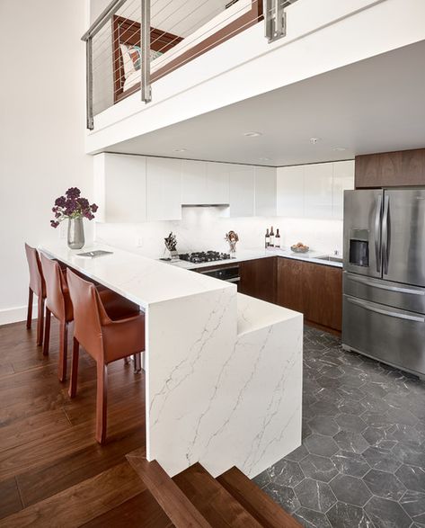 Russ Street Kitchen & Bath - Contemporary - Kitchen - San Francisco - by De Meza + Architecture | Houzz Step Down Kitchen, Sunken Kitchen, Split Kitchen, Waterfall Counter, Kitchen Dinner, Cabinetry Design, Kitchen Photos, White Acrylic, Contemporary Kitchen