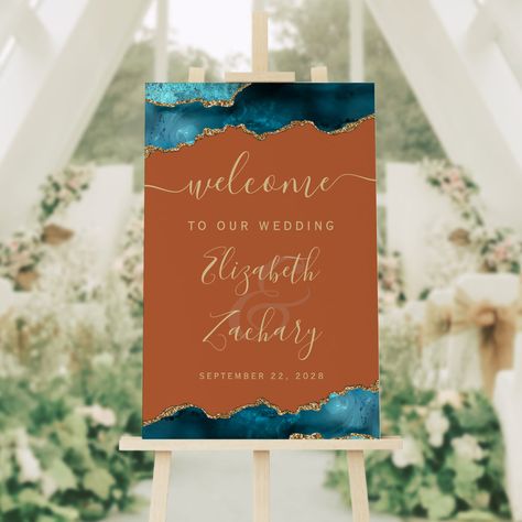 Elegant Wedding Welcome Sign, Orange Wedding Themes, Teal Wedding Invitations, Wedding Reception Guest, Western Themed Wedding, Geode Wedding, Burnt Orange Weddings, Handwriting Script, Agate Wedding