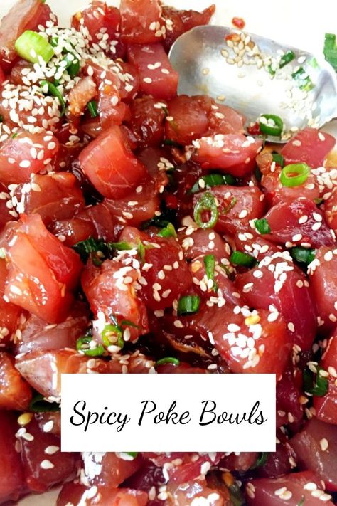 Poke Bowl Sauce Spicy, Raw Tuna Poke Bowl, Hawaiian Poke Sauce, Spicy Poke Bowl, Hawaiian Poke Recipe, Poke Tuna Recipe, Spicy Poke Recipe, Spicy Ahi Poke Recipe, Poke Bowl Sauce