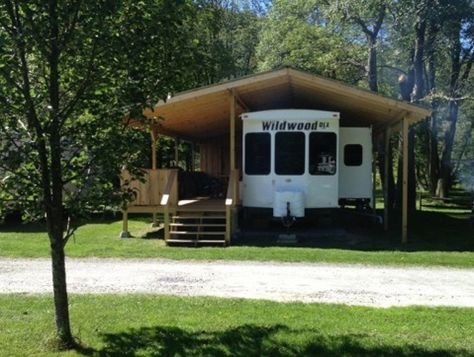 Seasonal Park Memberships are available for those who wish to rent a site for the season. Memberships are open to those who have their own units or who would simply like to purchase one of ours.  S... Camper Porch Ideas, Trailer Porch, Camper Porch, Porch For Camper, Rv Port, Rv Shelter, Trailer Deck, Rv Carports, Grandma House