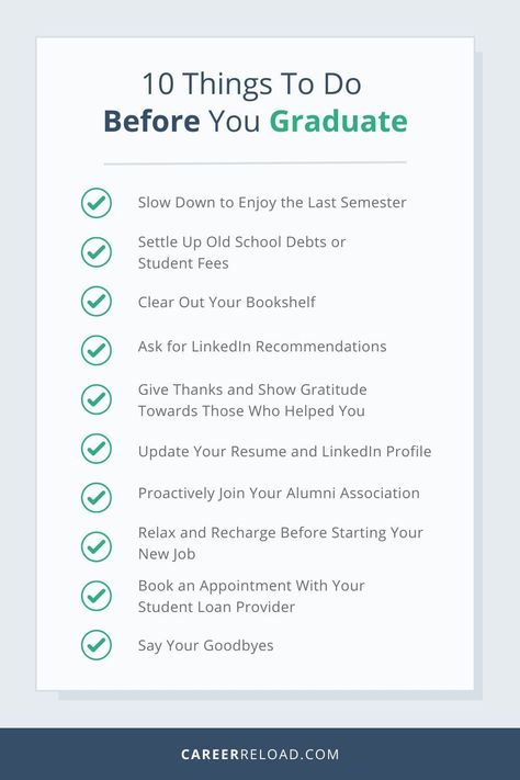 You’re so close to finishing your college/university experience, the finish line is in sight- Congratulations! As you look towards the future and the start of your professional career, consider this handy, all-in-one pre-graduation checklist to help start your journey after school off right. #Graduate #Graduation #Student #Checklist College Graduation Checklist, Graduation Checklist, Student Checklist, Life After College, Book Of Job, Plan For Life, Career Exploration, College Senior, Alumni Association