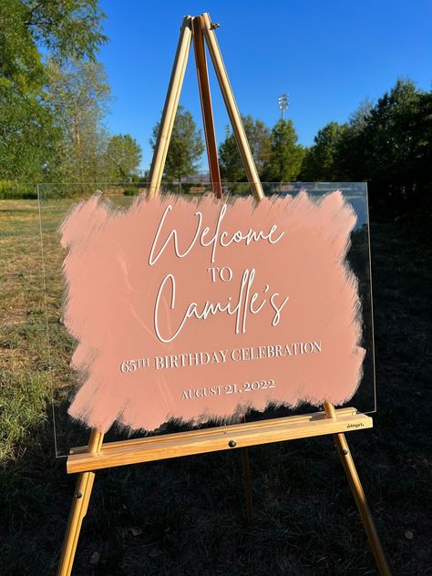 Acrylic painted sign for your next event. Available for any occasion - wedding, bridal shower, baby shower, baptism, and so much more. This listing is particularly for a birthday celebration. If you would like a custom sign for a different event please feel free to contact me. Sizing & Specifications - 18x24 inches  - color in listing is pink - please fill out personalization note to add name, event date, and colors for sign - acrylic sign only, no easel/frame or flowers will be included. Welcome Signs For Birthday Parties, Party Easel Sign, Welcome Sign Birthday Party Entrance Diy, Pink Birthday Party For Women, Acrylic Signs Birthday, Acrylic Party Signs, Acrylic Welcome Sign Birthday, Happy Birthday Acrylic Sign, Sweet 16 Welcome Sign Entrance