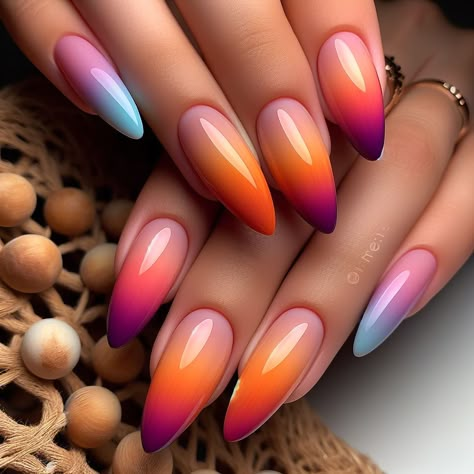 20+ New Summer Almond Nails Ideas In 2024 Almond Colorful Nails, Ombre Nails Design Summer, 2024 Summer Nail Ideas, Pink Almond Nails Short, Nails Purple Almond, Bright Ombre Nails Summer, Summer Almond Nails 2024, Bright Ombre Nails, Nails Black Almond