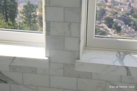 subway tile wrapping around a window Bathroom Window Sill Ideas, Bathroom Window Sill, Marble Window Sill, Powder Room Paint Colors, Upper Window, Fixer Upper Bathroom, Trendy Bathroom Tiles, Space Saving Bathroom, Window In Shower