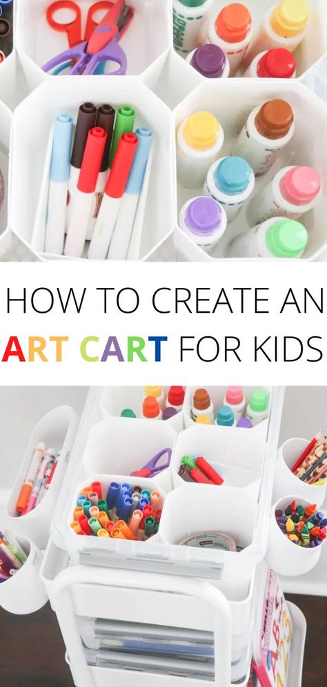 Organize all those supplies with this easy DIY art cart for kids! Here we show you how to take your kids craft supplies and put them all in one goto spot. Read here and discover how easy it is to create an adorable art cart for your toddlers or kids at Home of Malones. Diy Art Cart, Art Cart For Kids, Toddler Art Supplies, Toddler Organization, Kids Organization, Craft Cart, Kids Craft Supplies, Art Supply Organization, Organize Craft Supplies