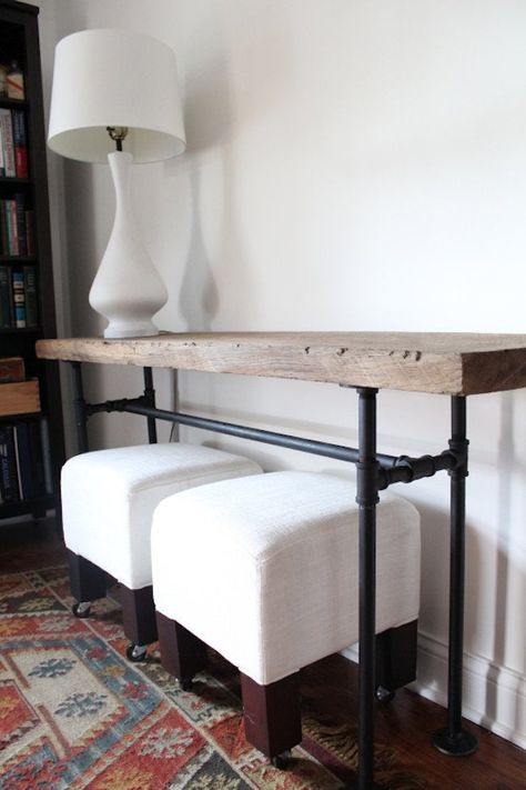 DIY Plumbing Pipe Console Table - Bob Vila Narrow Sofa Table, Narrow Sofa, Diy Console, Plumbing Pipe Furniture, Diy Furniture Cheap, Diy Console Table, Vintage Loft, Couch Diy, Narrow Console Table