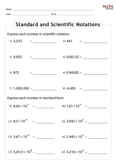 Scientific Notation Worksheets - Math Monks Multiplication Practice Worksheets, Scientific Notation Worksheet, Angles Worksheet, Multiplication Practice, Scientific Notation, Experimental Design, Chemistry Lessons, Standard Form, Worksheet Template