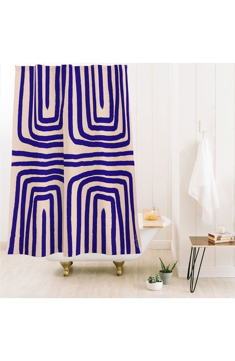 An elegant wave pattern sets a sophisticated mood in your bathroom retreat with this easy-to-hang shower curtain. Artwork by Nadeige Archin 71" x 74" Buttonhole openings 100% polyester Machine wash, tumble dry Made in the USA of imported materials Shower Curtain Blue Bathroom, Statement Shower Curtain, Contemporary Shower Curtain, Bathroom Design With Shower Curtain, Mid Century Modern Shower Curtain, Cute Shower Curtain Ideas, Trendy Shower Curtains, Boys Shower Curtain, Fun Shower Curtain