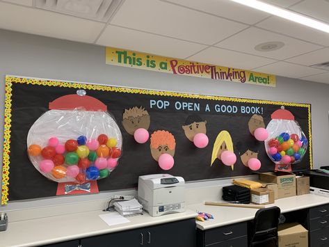 Cotton Candy Bulletin Board, Pop Open A Good Book, Bubble Gum Craft, Candy Bulletin Boards, Pta Activities, Candy Theme Classroom, School Hallway Decorations, Classroom Bulletin Boards Elementary, Candyland Theme