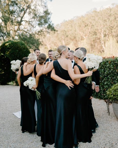 ⁠Thinking black bridesmaids dresses? ➡ Swipe to take a closer look at Madeline's gorgeous bridesmaids⁠ ⁠ ⁠ Repost and inspo @redleafwollombi⁠ Wedding Photographer @for_modernromantics⁠ Wedding Coordinator @hireabridesmaid_⁠ Videographer @life.by.luke⁠ Wedding Flowers @jademcintoshflowers⁠ Wedding Celebrant @thehuntervalleycelebrant⁠ Madeline's Wedding gown @corston_couture⁠ Bridesmaid dresses @becandbridge⁠ Hair @chicartistry⁠ Makeup @kaylah.makeup Black Bridesmaid Dresses Spring, Wedding Themes Outdoor, Couture Bridesmaid Dresses, Black Tie Formal, Black Bridesmaids, Bridesmaid Accessories, Black Bridesmaid Dresses, Wedding Party Photos, Wedding Coordinator