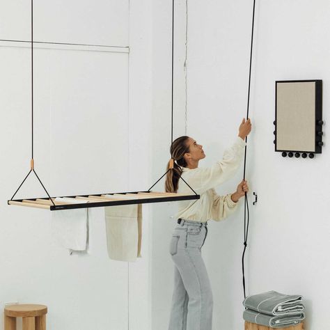 Hanging Clothes Dryer, Laundry Hanging Rack, Hanging Clothes Drying Rack, Wooden Pegboard, Air Clothes, Indoor Drying, Hanging Drying Rack, George And Willy, Drying Room