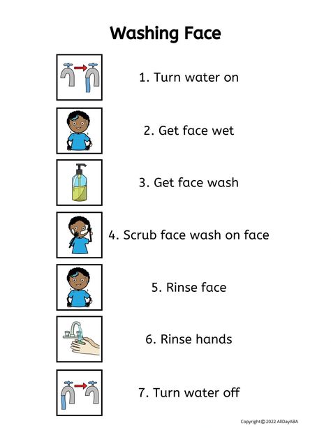 Washing Face Task Analysis Example Task Analysis Special Education, Sequencing Activities Kindergarten, Aba Therapy Activities, Communication Cards, Task Analysis, Activities Kindergarten, Washing Face, Life Skills Special Education, Aba Therapy