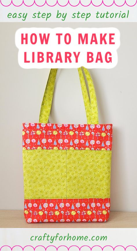 Red and green fabric tote bag with pocket. Library Bag Sewing Pattern, Diy Book Bag Pattern, Book Bag Patterns To Sew, How To Make A Book Bag, Library Bag Pattern, Book Bag Pattern Free, Hand Sew Bag, Quilted Book Bag, Library Book Bags For Kids