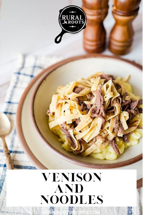 bowl of venison and noodles on top of mashed potatoes Venison And Noodles Recipe, Venison And Noodles, Venison Roast Crockpot, Venison Recipes Crockpot, Canned Venison, Deer Roast, Beef And Noodles Recipe, Venison Roast, Crockpot Pasta