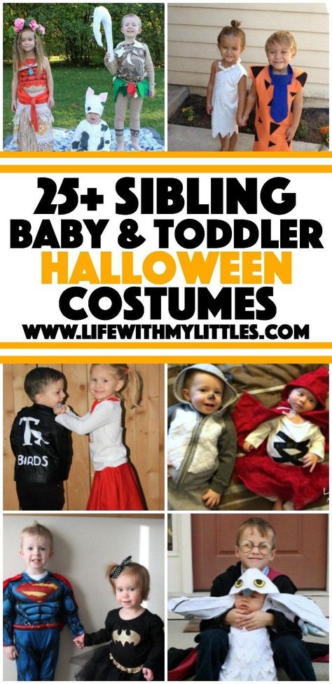 25 baby and toddler Halloween costumes for siblings. What a cute roundup of ideas! Great for brothers and sisters! Halloween Costumes Siblings, Sibling Halloween Costumes Boys, Sisters Halloween Costumes, Brother Halloween Costumes, Brother Sister Halloween, Halloween Costumes For Sisters, Halloween Costumes For Siblings, Costumes For Siblings, Brother Sister Halloween Costumes