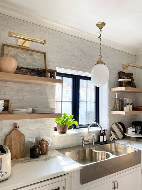 Zellige Tile Kitchen Backsplash Herringbone, Subway Zellige Tile, Butlers Pantry White Cabinets, Zellige Tile White Cabinets, Zellige Tile White Kitchen, Cle Tile Pantry Pavers, Riad Zellige Tile, Kitchens With Zellige Tile, Stacked Zellige Tile Kitchen