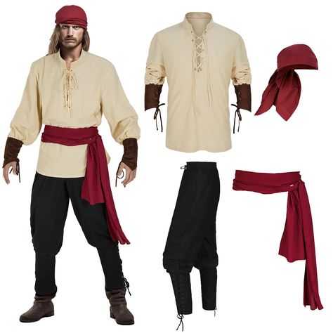 PRICES MAY VARY. Polyester: Soft and comfortable, skin friendly and breathable, providing you with comfort and long-term use The pirate costume set includes a renaissance pirate shirt, ankle tied pirate pants, a pirate head scarf, and a sash This pirate costume perfectly reproduces the characteristics of pirates, paired with accessories to make your overall image closer to a real pirate. It is very suitable for people who like to play pirate roles and is also very suitable for Halloween parties Pirate Diy Costume Mens, Guy Pirate Costume Diy, Pirate Costume Ideas Men, Goth Pirate Male, Pirates Outfit Ideas, Men’s Pirate Costume Diy Adult, Pirate Cosplay Men, Pirate Theme Costume, Mens Pirate Costume Diy