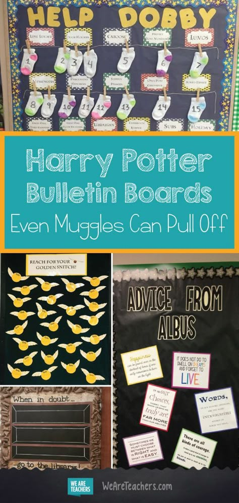 Harry Potter Bulletin Boards That Even Muggles Can Pull Off-- WeAreTeachers Ravenclaw Classroom, Harry Potter Bulletin Board, Harry Potter Classroom Theme, Harry Potter Door, Harry Potter Classes, Harry Potter Library, Classe Harry Potter, Harry Potter School, Harry Potter Classroom