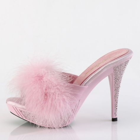 4 1/2" High Heel, 1" Platform Marabou Shoes. Featuring Rhinestone Embellished Back And Bottom. Barbie Core Pink. Gele-401f Barbie Heels, Alternative Shoes, Single Sole Heels, Pink Platform, Festival Shoes, The Vamp, Punk Boots, Pleaser Shoes, Embellished Heels