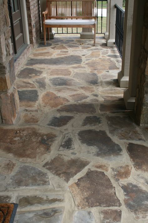 Outside Stone Patio Ideas, Stone Covered Porch, Gravel Porch Ideas, Rock Porch Ideas, Stone Porch Ideas Entrance, Front Porch Stone Ideas, Bluestone Front Porch, Stone Porch Floor, Rock Front Porch